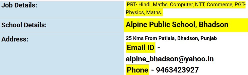 School Jobs at  Alpine Public School, Bhadson, Punjab ,  Patiala